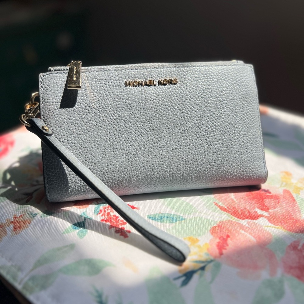 Michael Kors Light Blue Pebbled Leather Wristlet Wallet